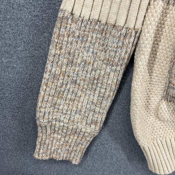 Shawl Collar Cardigan Sweater Womens M/L Beige Gray Patchwork Fringe Boho Knit - Picture 5 of 16